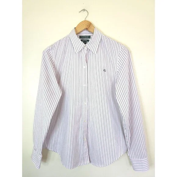 Lauren Ralph Lauren Shirt Womens M Pink Stripe Button Down Non Iron - Picture 2 of 12